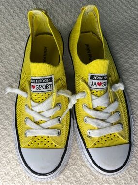 Jenn Ardor ladies bright yellow mesh tennis shoes, white laces, approx size 6.5